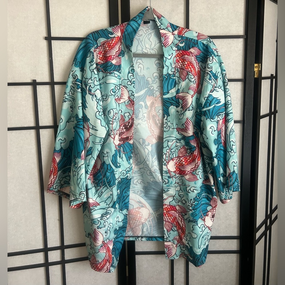 Sea Wave Koi Print Open Front Kimono Cardigan